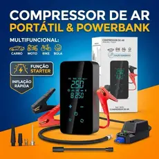Bomba de Ar Portatil Compressor Inflator Multi-função 4 em 1 PowerBank 10000mAh Bateria Calibrador de Auto Pneu - MGC