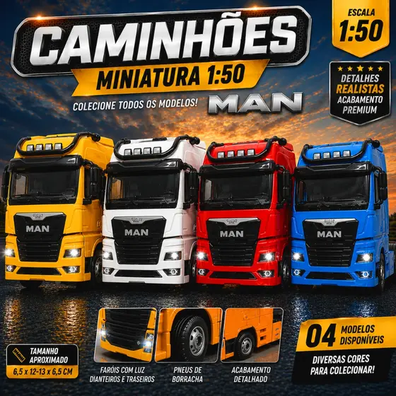 Mini Caminhão Miniatura 1:50 MAN Trucado Colecionável de Metal com Som e Luz