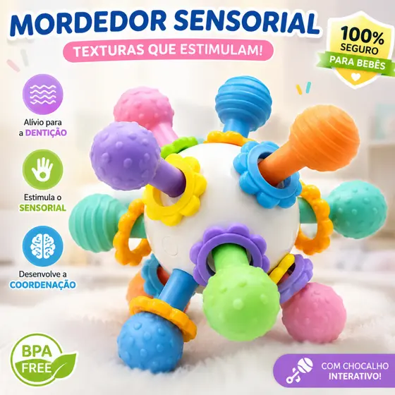 Mordedor Sensorial para Bebê com Texturas Coloridas Brinquedo Educativo para Dentição e Coordenação