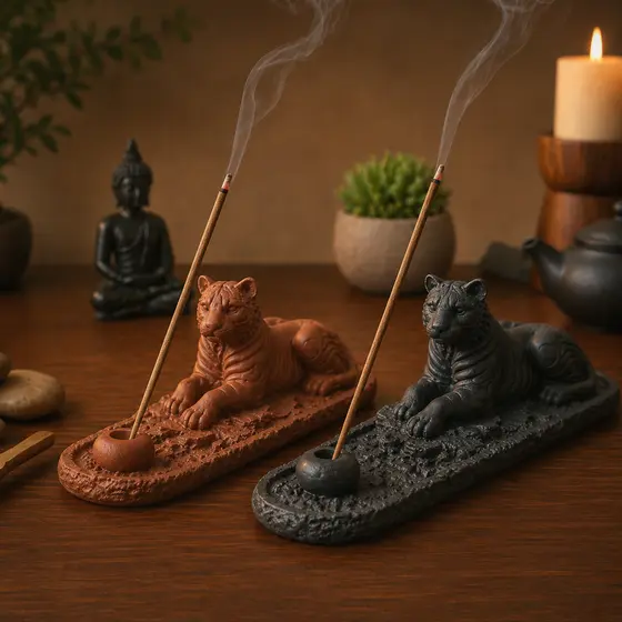 Porta Incenso Incensário Tigre Decoração Zen Yoga Meditação Aromaterapia Cascata Fumaça Cores Kit