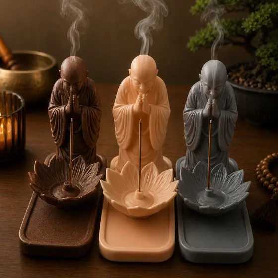 Porta Incenso Incensário Monge Decoração Zen Yoga Meditação Aromaterapia Cascata Fumaça Cores Kit