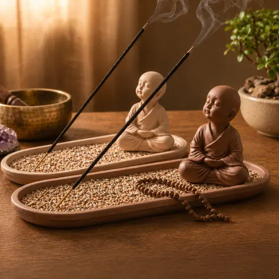 Porta Incenso Incensário Mini Buda Decoração Zen Yoga Meditação Aromaterapia Cascata Fumaça Cor Kit