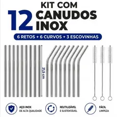 Combo 4/8/12/16 Canudos Inox Curvos com Escova Ecológico Reutilizáveis Laváveis