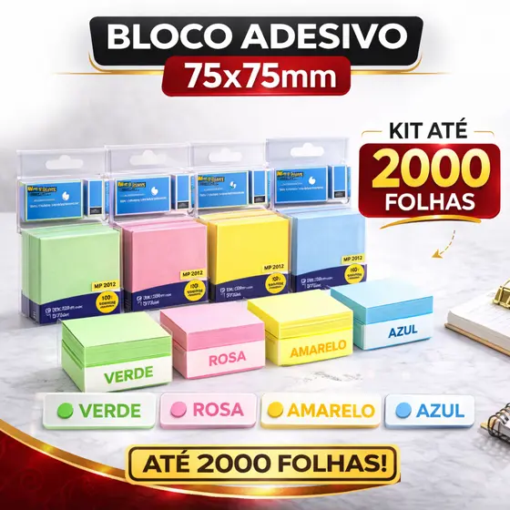 KITS COM ATÉ 2000 FOLHAS BLOCO ADESIVO 75x75mm POSTI PASTEIS PAPELARIA ESCRITÓRIO ESCOLA AULAS