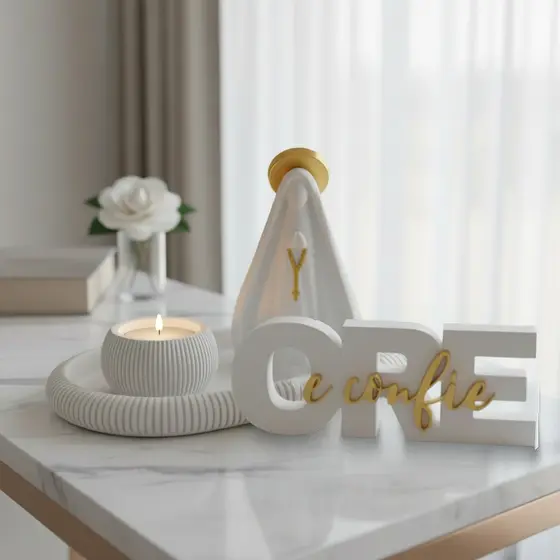 Kit Religioso Altar Devoção Nossa Senhora + Bandeja + Porta-Vela LED + Palavra Ore e Confie