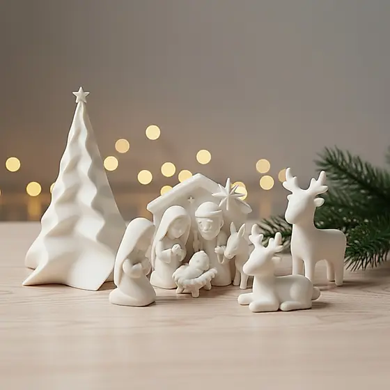 Kit Decoração de Natal Minimalista 5 Peças Árvore Facetada, Trio de Renas e Presépio Branco