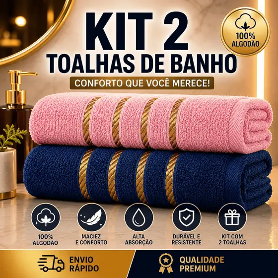 Kit 2 Toalha de Banho Grande Macia Premium 100% Algodão Cores Sortidas