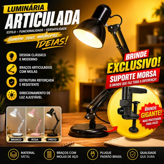 Luminária de Mesa Pixar Grande 60cm Articulada Regulável Abajur de Mesa Para Manicure Estudo Leitura