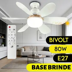 Ventilador Teto Com Luz 60W 80W Integrada Silencioso Branco 6 Pás Com Controle Remoto Com Base E27