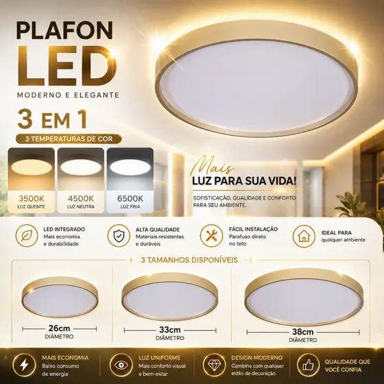 Luminária De Teto Plafon Sobrepor 20W 30W 50W Dourado Redondo Para Sala Quarto Hall Lavabo Moderno