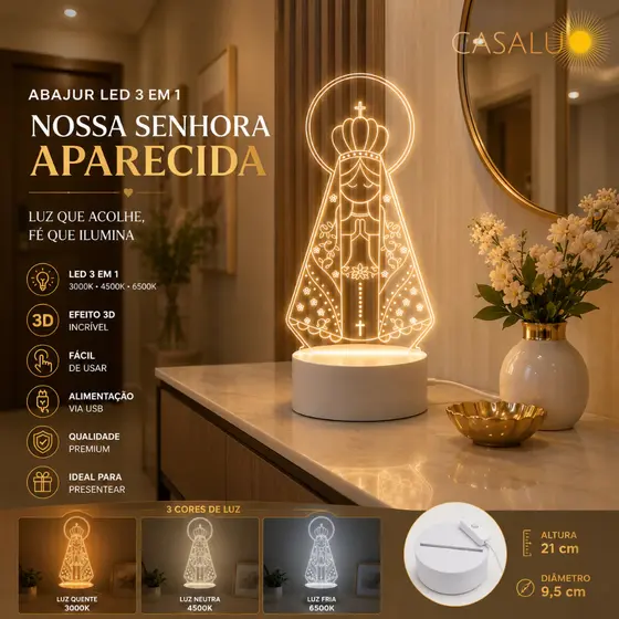 Luminária de Mesa LED Aparecida com Design 3D em Acrílico 3500K 4500K 6500K 3 Em 1 Luz Noturno