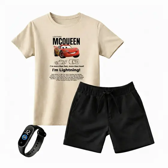 Kit Infantil Juvenil Camiseta mcqueen Bermuda Moletinho + Brinde