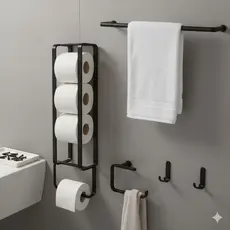 Kit de Banheiro Completo 4 Peças em Metal Suportes Porta Toalhas e Acessórios de Banho Suporte de Papel Higiênico