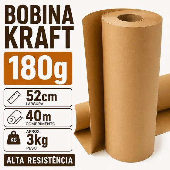 Bobina Papel Kraft 52cm x 40m 3kg para Embalagem, Proteção e Mudança
