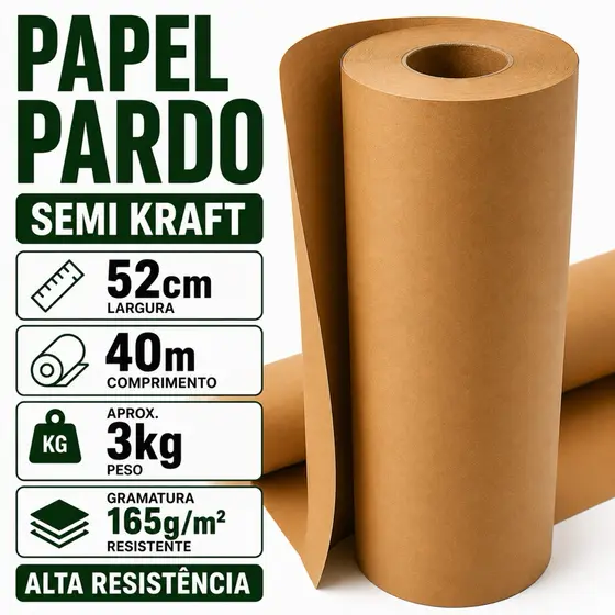 Bobina Papel Pardo Semi Kraft 165g 52cm x 40m 3kg Extra Forte Para Embalagem e Proteção