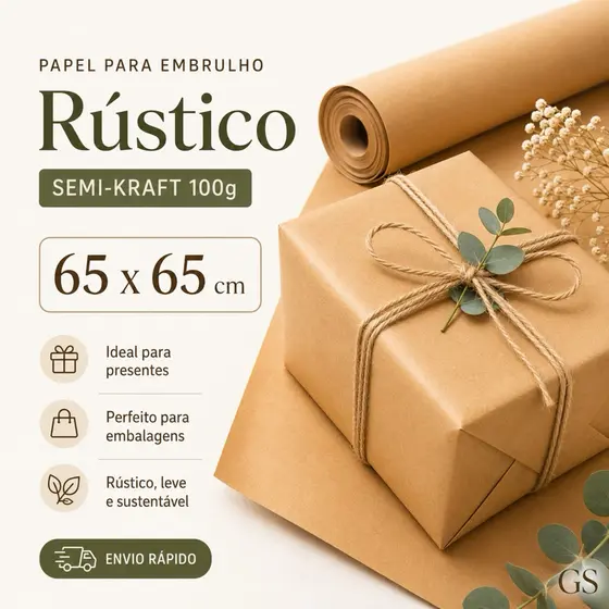 Papel Para Embrulho Rústico Semi Kraft 65x65cm Presentes Embalagens