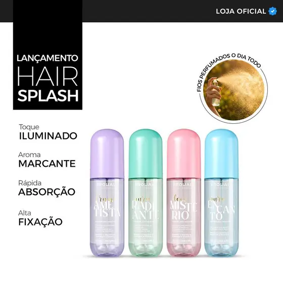 Kit Especial 4 Unidades Perfume Capilar Hair Splash: Bruma Ametista, Puro Encanto, Doce Mistério e Aura Radiante