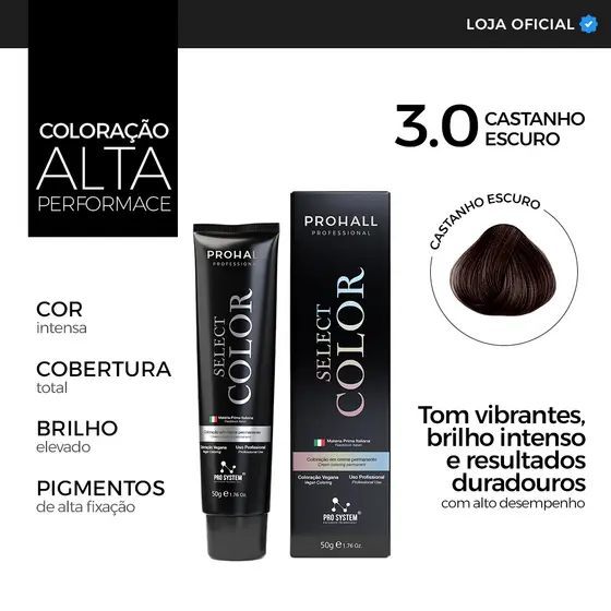 Coloração Profissional 3.0 Cabelo Castanho Claro Tinta Capilar Premium Prohall