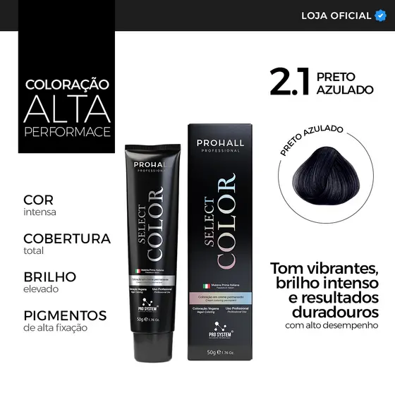 Coloração 2.1 Preto Azulado Select Color Prohall Professional 50g Cor Intensa, Reflexo Azulado e Cobertura Total de Fios
