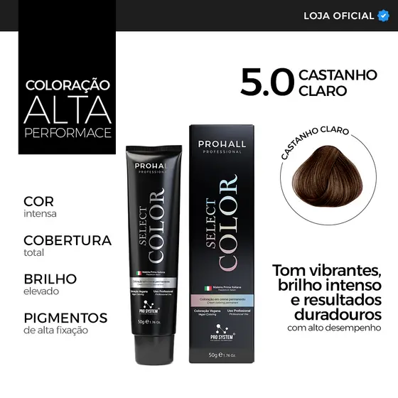 Coloração Profissional 5.0 Cabelo Castanho Claro Tinta Capilar Premium Prohall