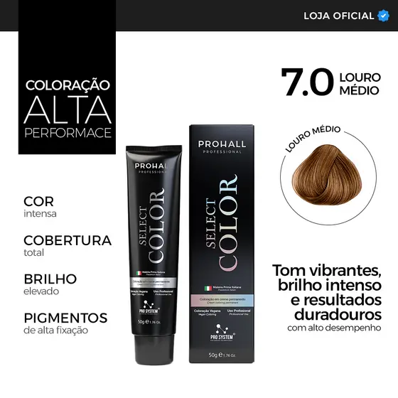 Coloração Profissional 7.0 Cabelo Louro Médio Tinta Capilar Premium Prohall