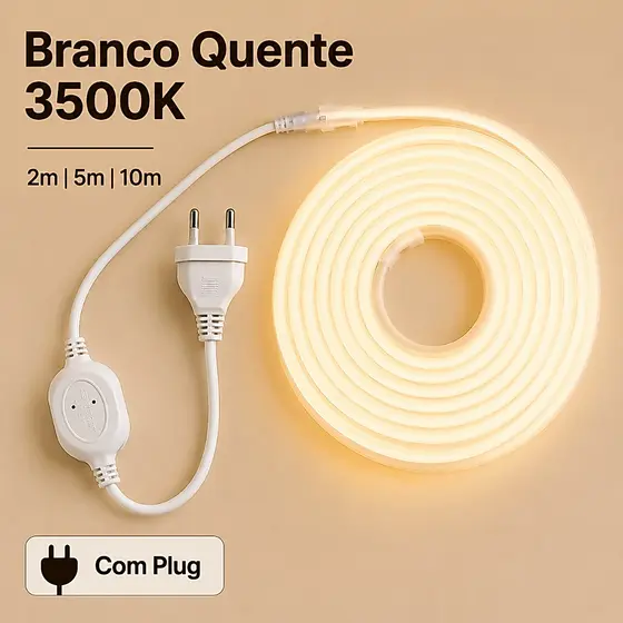 Fita Neon LED Flex Branco Quente 3500K 2m 5m 10m 110V 220V IP67