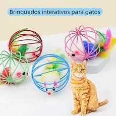 Brinquedo Para Gato Pet Gaiola RatInho Com Pena Bolinha Divertida e Colorido Interativo