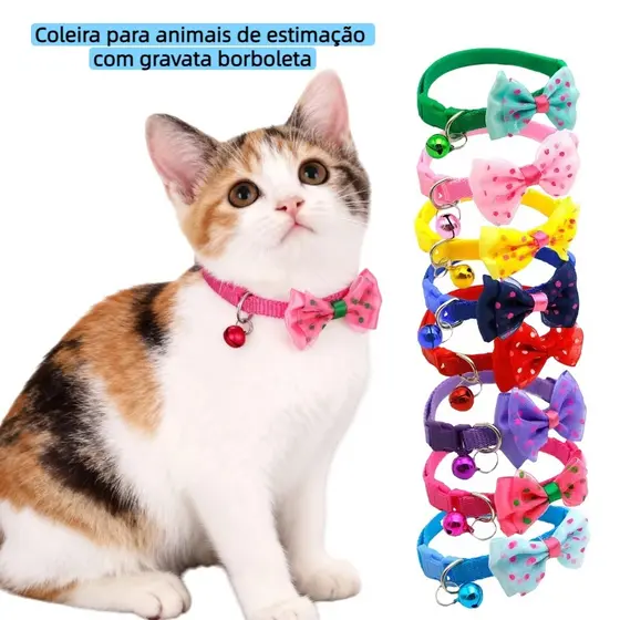 Coleira Gato com Laço de Tule com Bolinhas e Sino, Ajustável para Gatinhos e Cachorros Pequenos