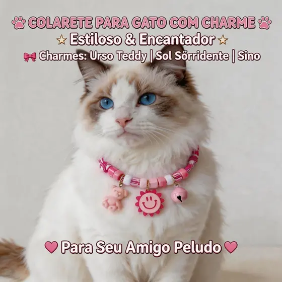 Coleira de Cachorro e Gato com Sino e Pingentes Fofo Coração e Pingente Sorridente Ajustável