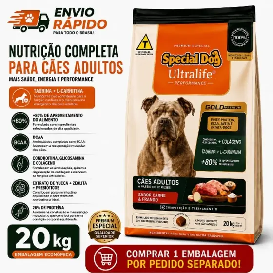 Ração Special Dog Ultralife Performance 20kg Cães Adultos Carne e Frango Premium Alta Nutrição