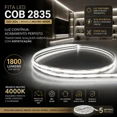 FITA LED COB 5 METROS 320 LEDS BRANCO NEUTRO 4000K 12V LUZ CONTÍNUA SEM PONTOS