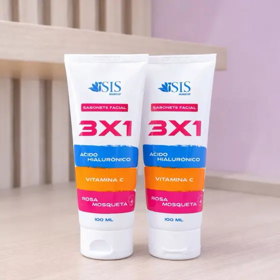 Sabonete Facial 3x1 Ácido Hialurônico + Vitamina C + Rosa Mosqueta – 100ml | SIS Makeup