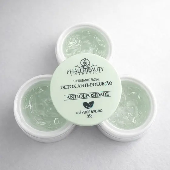 Hidratante Facial Detox Anti-Poluição 35g – Controle da Oleosidade | Chá Verde & Pepino | PhálleBeauty Cosméticos
