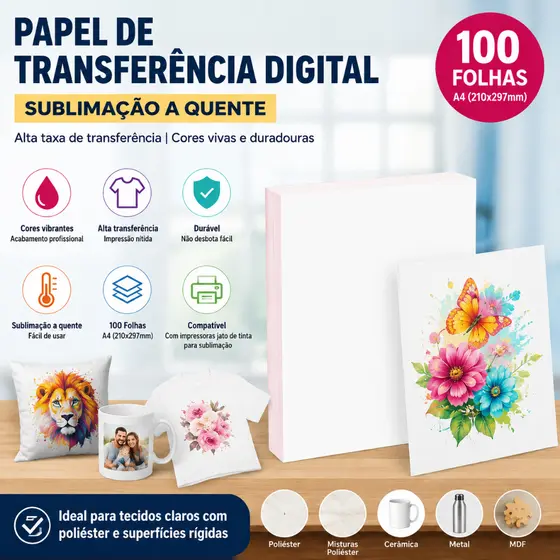 100 Folhas Papel Transfer Sublimação A4 Alta Transferência Para Impressora Jato de Tinta Camiseta Caneca