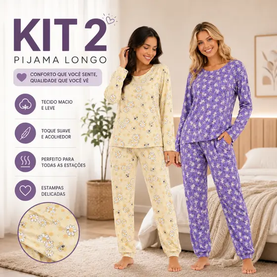 Kit 2 Pijama Longo Feminino De Inverno Suede Macio Quentinho Estampado Adulto Frio Blusa e Calça
