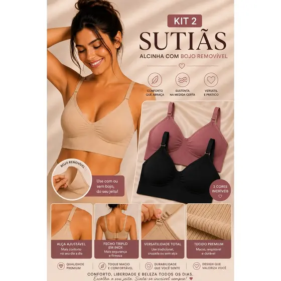 KIT 2 Top Sutiã alça fina Removível Importado Com Bojo Removível Conforto e Estilo