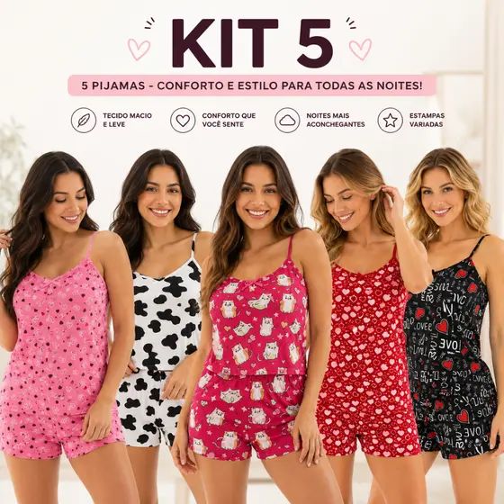 Kit 5  Short Doll Feminino Microfibra Premium Pijama Curto Estampado Dool Baby Leve e Fresquinho