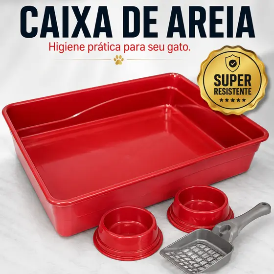 Caixa de Areia para Gatos, Kit com Bandeja Banheiro ,2 Comedouros e Pá Higiênica Kit c/ 4 peças