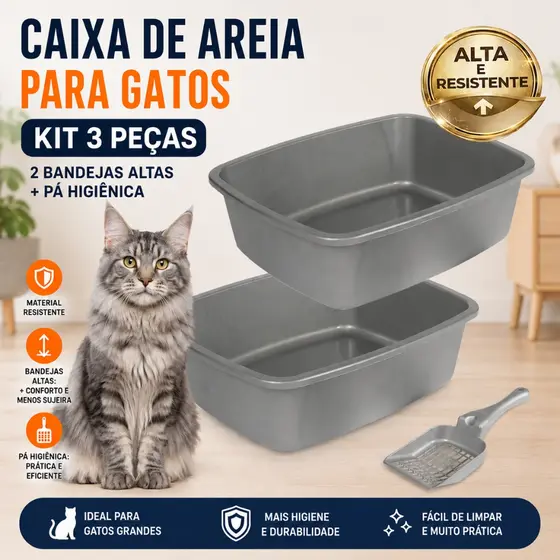 Caixa de Areia para Gatos Grandes Banheiro Sanitário Pet Kit com 2 Bandeja ALTA e Pá Higiênica  Kit c/ 3 peças