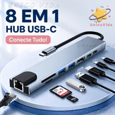 Hub USB-C 8 em 1 Adaptador Tipo C HDMI 4K USB 3.0 RJ45 SD TF PD 100W Docking Station | UnicoVida
