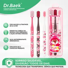 Dr.Baek Kit Escova de Dente, Cerdas Macias, 3un, Kit de Viagem Portátil, Urso de Morango Série