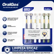 OralGos Escova de Dente 3 Lados, Limpeza Profunda, Cerdas Macias, Para Gengivas Sensíveis