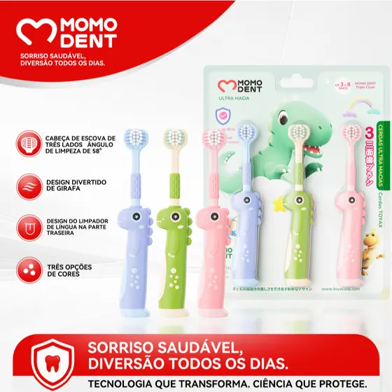Momodent Escova de Dente Infantil Design de 3 Lados Cerdas Ultramacias Estampa de Dinossauro