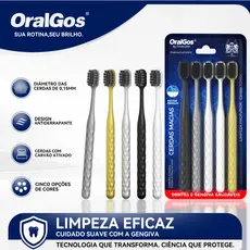 OralGos Escova de dente adulto | Cerdas macias | Design ergonômico | 5 unidades