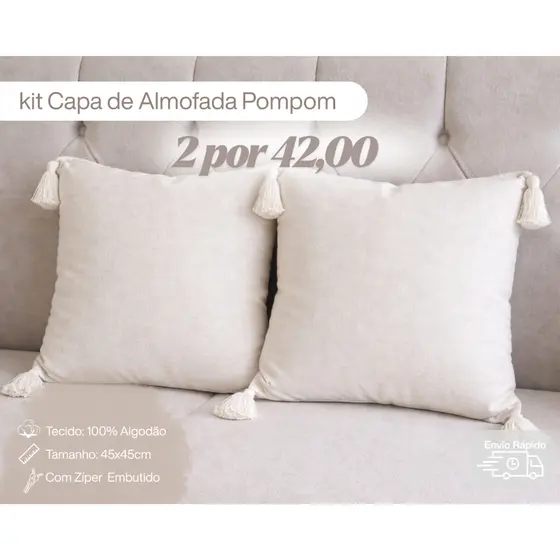 Kit de Almofadas Decorativas Pompom Artesanal 45x45 cm Tecido 100% Algodão para Sofá ou Cama