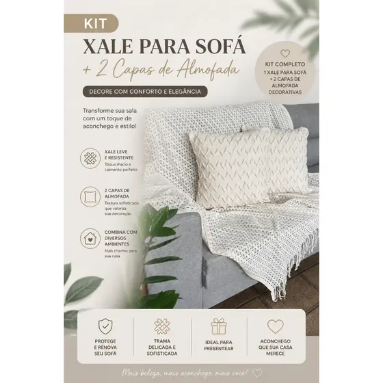 Xale Manta para Sofá Decorativo 3 PEÇAS Tecido 100% Algodão