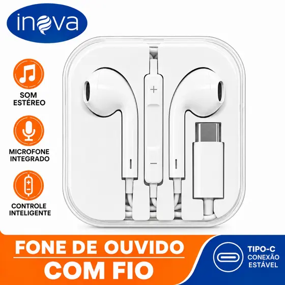 Inova Fone de Ouvido com Fio Tipo-C Estéreo com Microfone e Controle Multifuncional