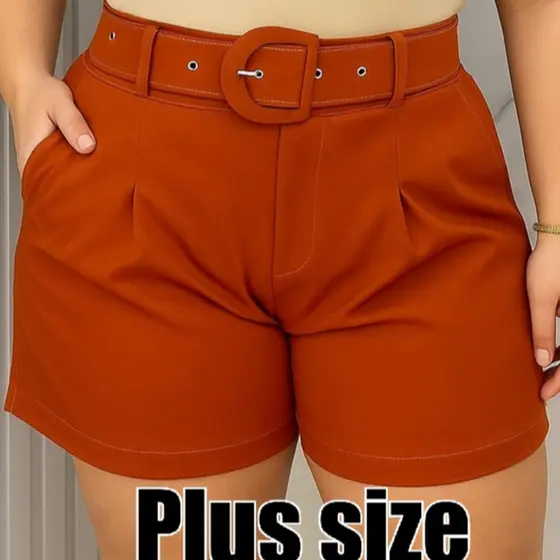 Short plus size alfaitaria com cinto forrado g1 g2 g3 moda femenina elegante para o dia a dia
