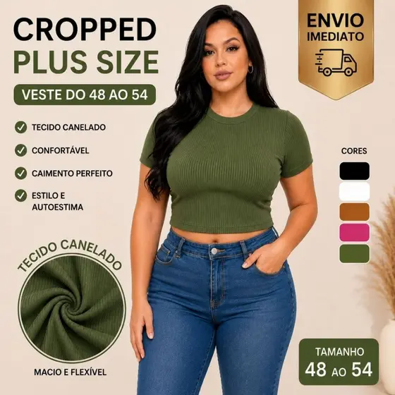 Blusinha Cropped Manga Curta Canelado Manguinha Gola Redonda Algodão Idael Para Verão Plus size