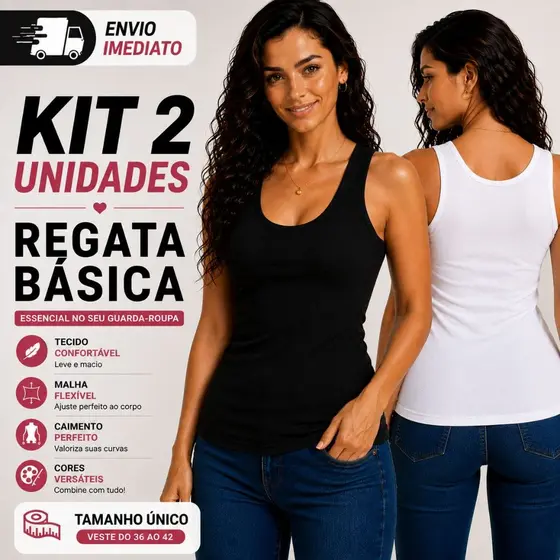 KIT 2 Regata Feminina Alça Grossa Básica Lisa Viscolycra Blusinha Casual